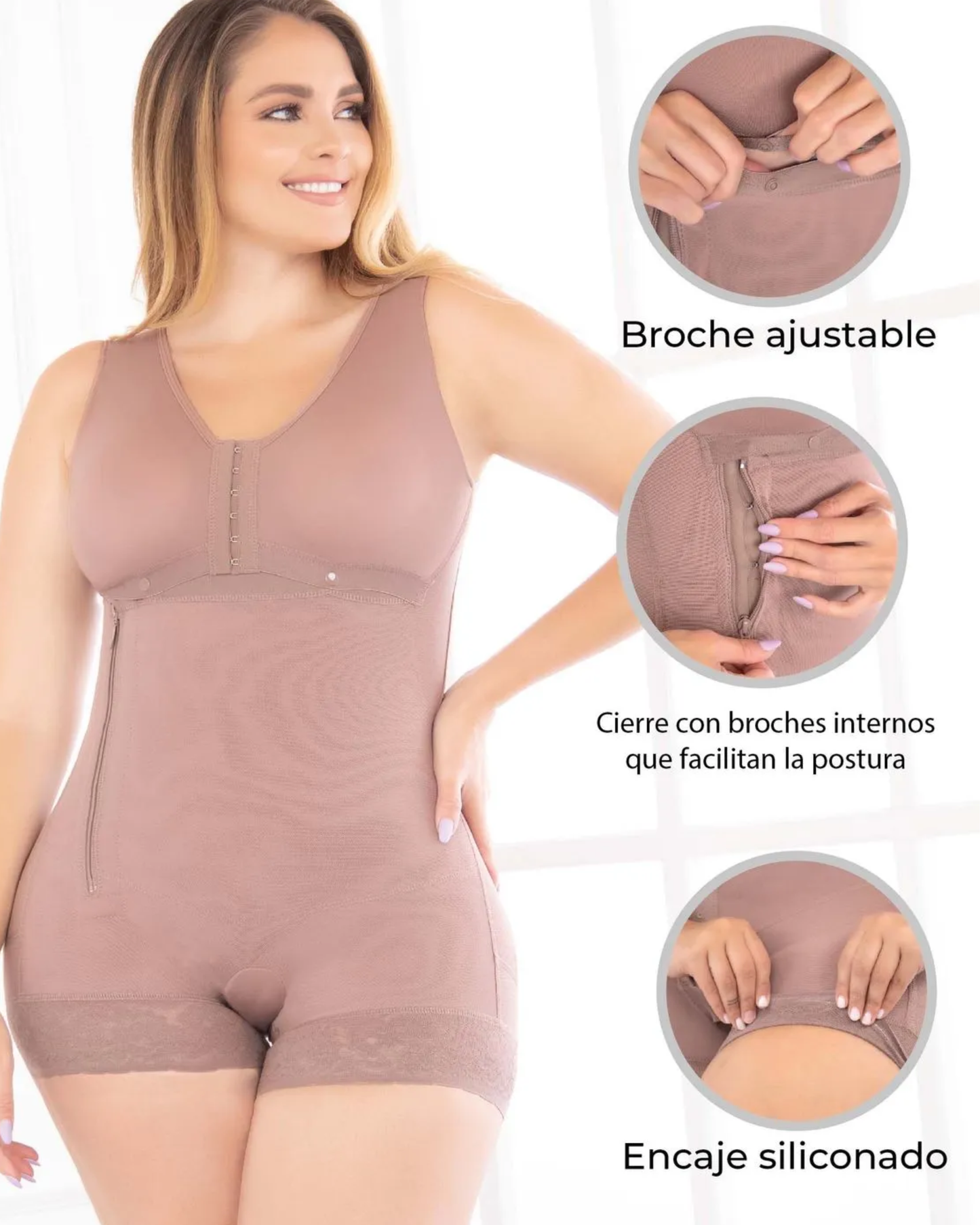 Faja postquirúrgica alta compresión con soporte en busto y cierre lateral