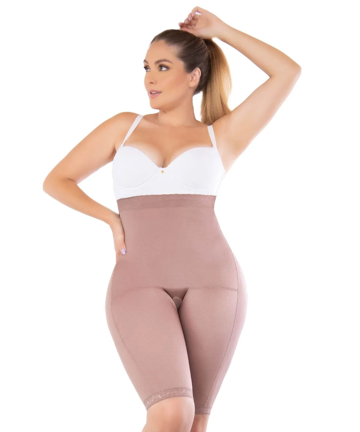 Knee-length shaping panty with medium control and buttock enhancement
