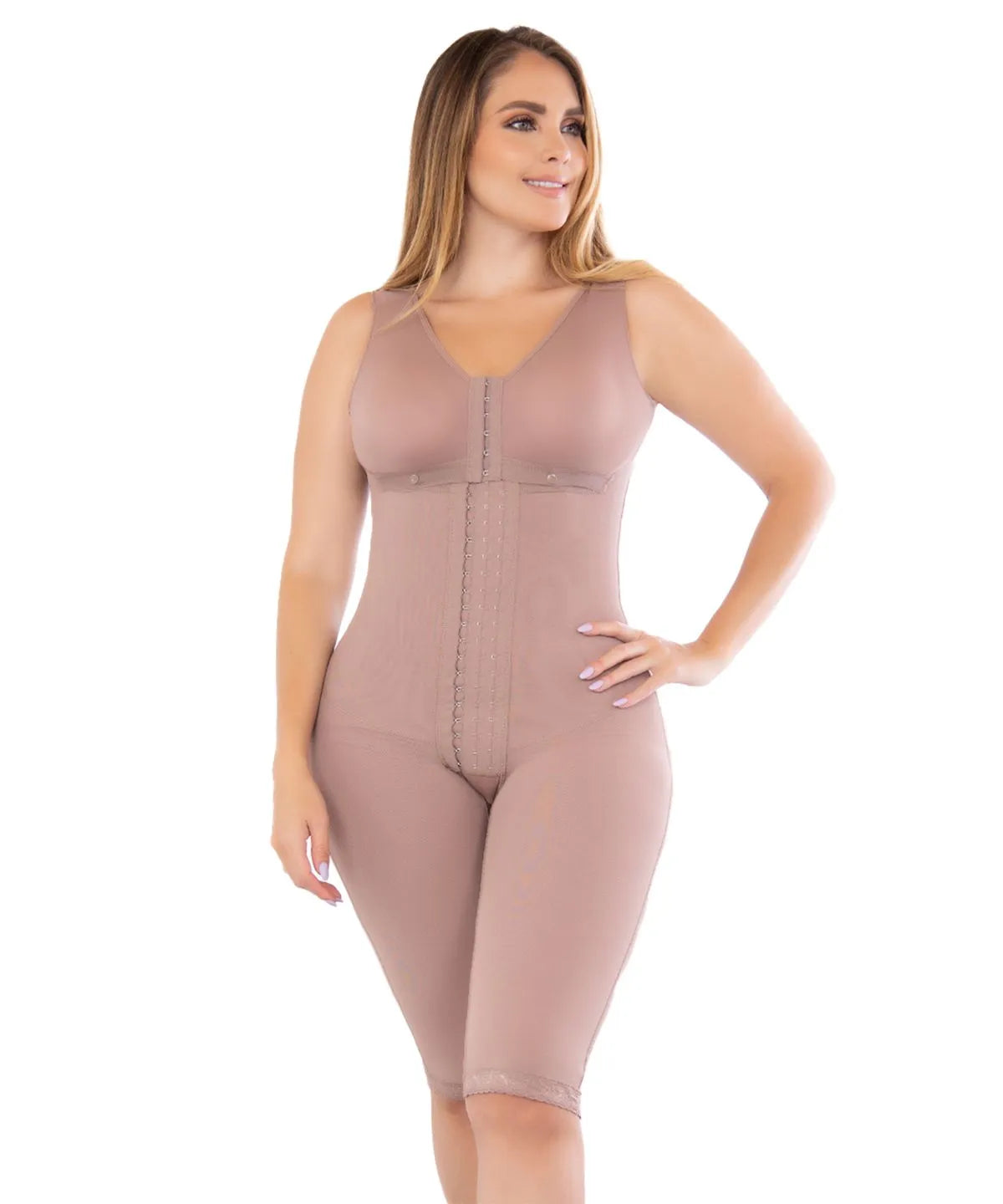 Post-surgical knee brace with bra and high-compression clasps