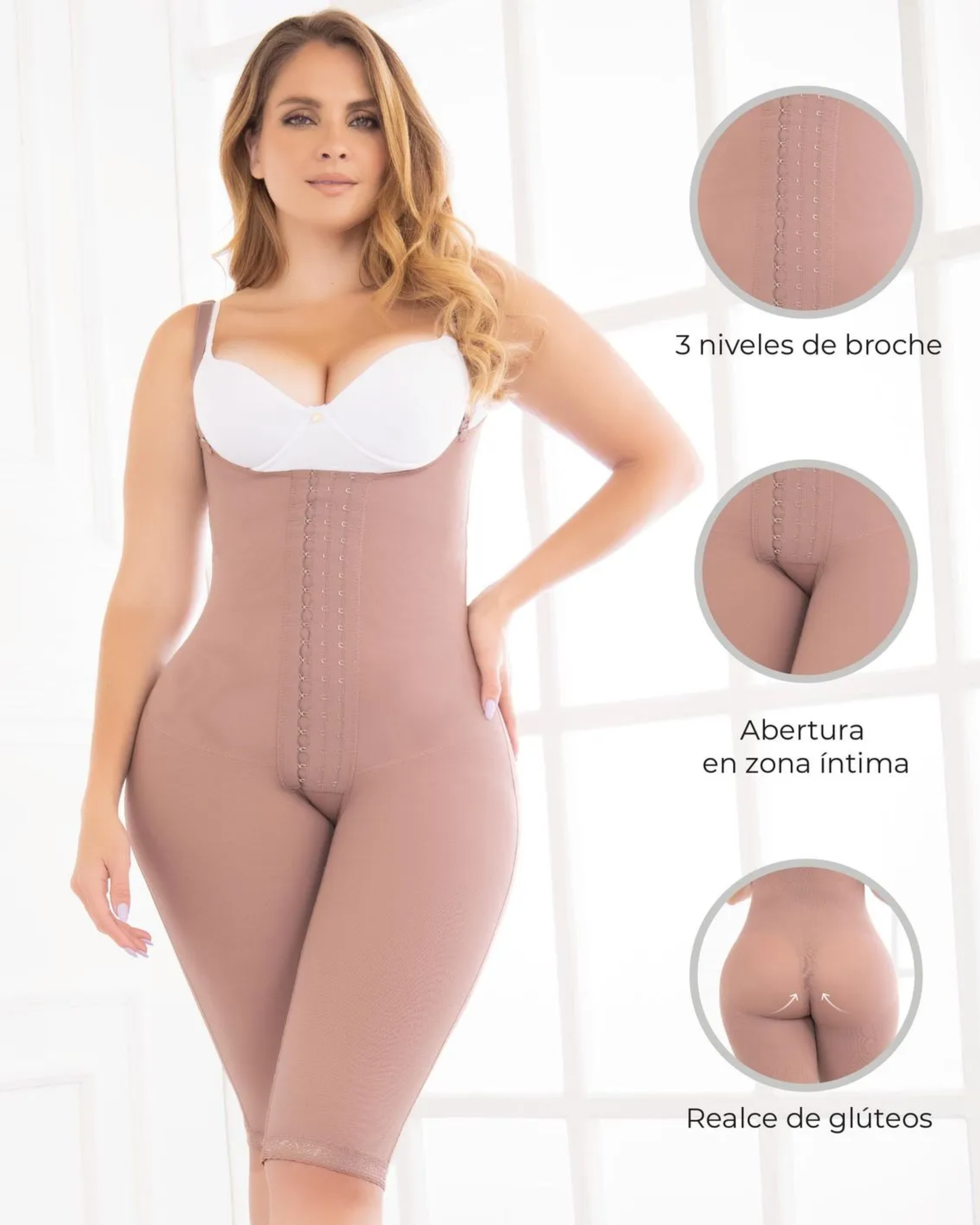 Faja postquirúrgica alta compresión a la rodilla con busto libre y realce de glúteos