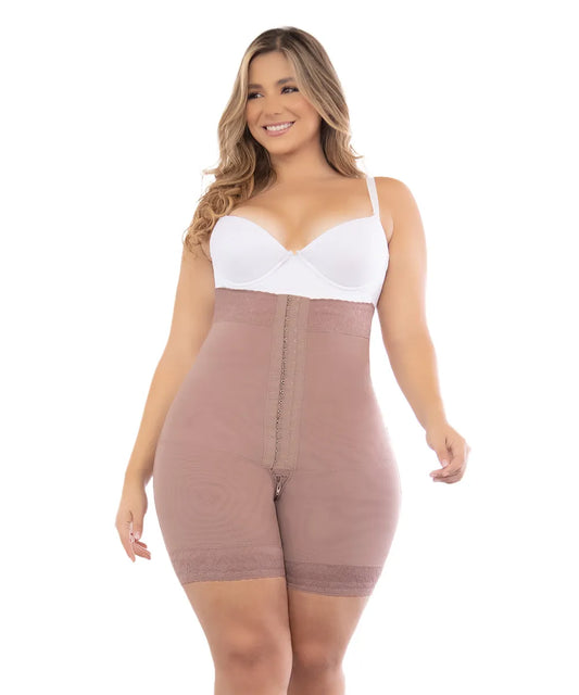 High compression mid-thigh panty-style girdle with buttock enhancement