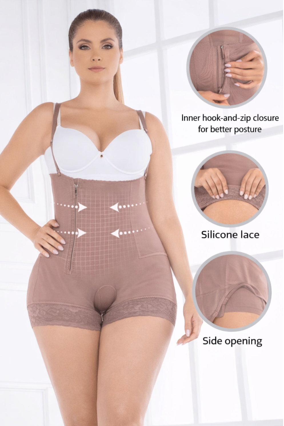 Knee-length shaping girdle with buttock lift and adjustable abdominal control
